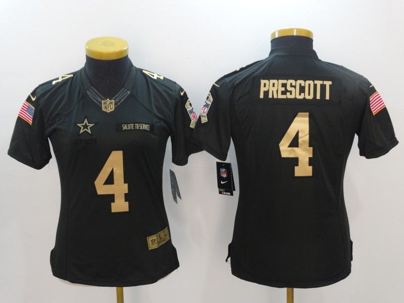 Dallas Cowboys #4 PRESCOTT Black Gold Salute To Service Women NFL Jersey 02