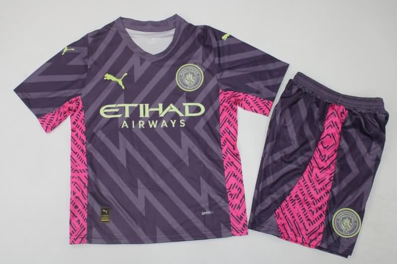 Kids Manchester City 23/24 Goalkeeper Purples Soccer Jersey And Shorts