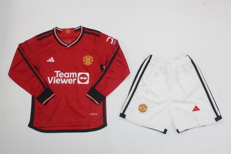 Kids Manchester United 23/24 Home Long Sleeve Soccer Jersey And Shorts
