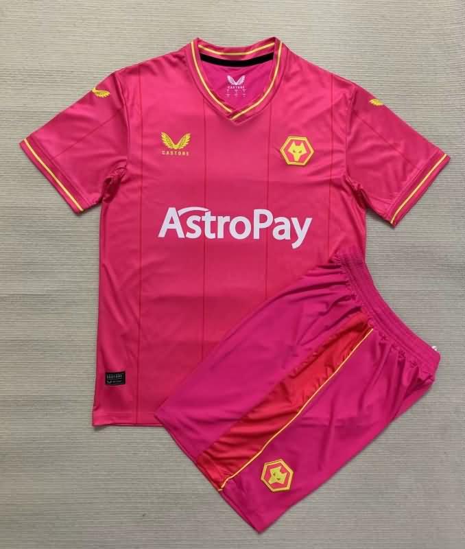 Kids Wolves 23/24 Goalkeeper Pink Soccer Jersey And Shorts