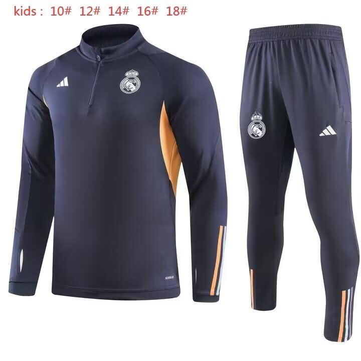 Kids AAA Quality Real Madrid 23/24 Dark Blue Soccer Tracksuit 02