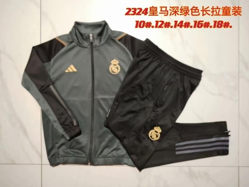 Kids AAA Quality Real Madrid 23/24 Dark Green Soccer Tracksuit