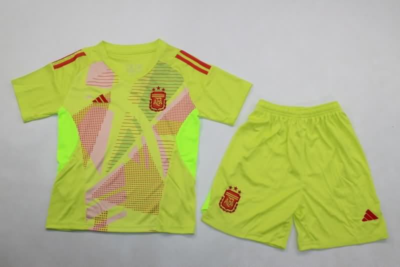 Kids Argentina 2024 Copa America Goalkeeper Yellow Soccer Jersey And Shorts