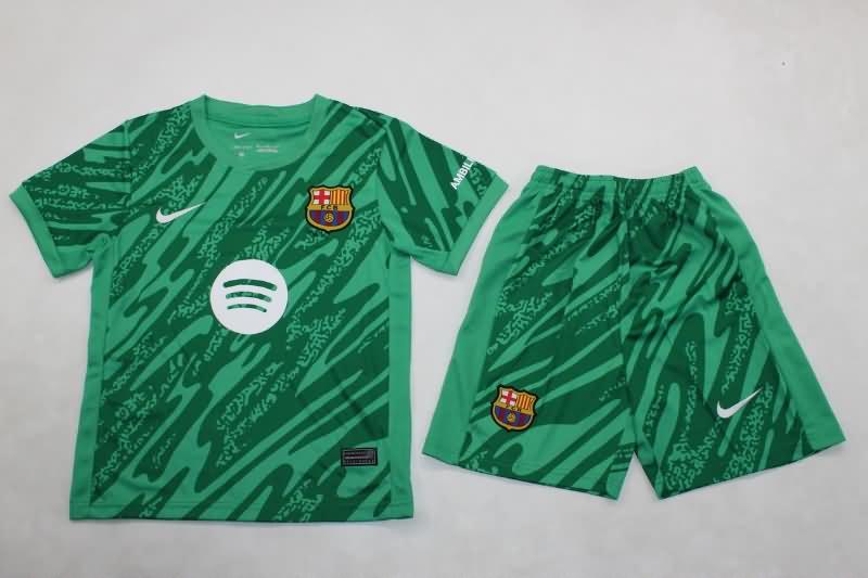 Kids Barcelona 24/25 Goalkeeper Green Soccer Jersey And Shorts Sponsor