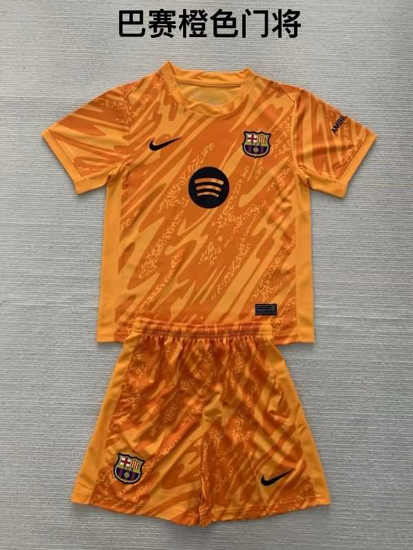 Kids Barcelona 24/25 Goalkeeper Orange Soccer Jersey And Shorts