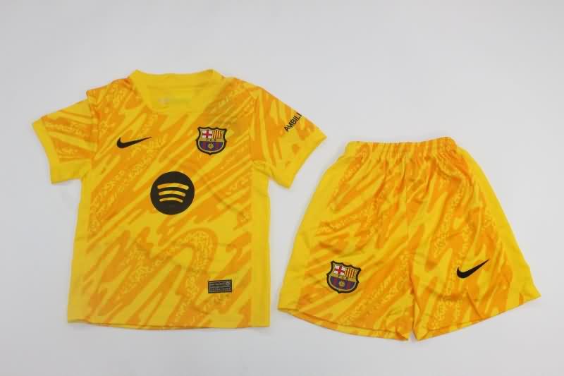 Kids Barcelona 24/25 Goalkeeper Yellow Soccer Jersey And Shorts