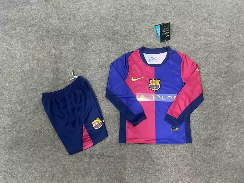 Kids Barcelona 24/25 Home Long Sleeve Soccer Jersey And Shorts Sponsor 02