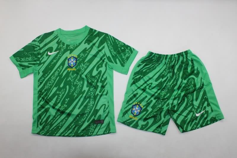 Kids Brazil 2024 Copa America Goalkeeper Green Soccer Jersey And Shorts