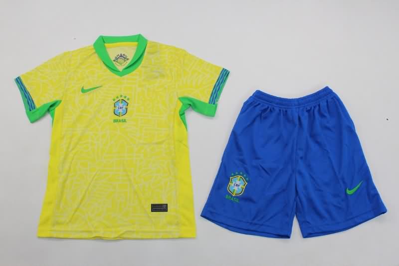 Kids Brazil 2024 Copa America Home Soccer Jersey And Shorts