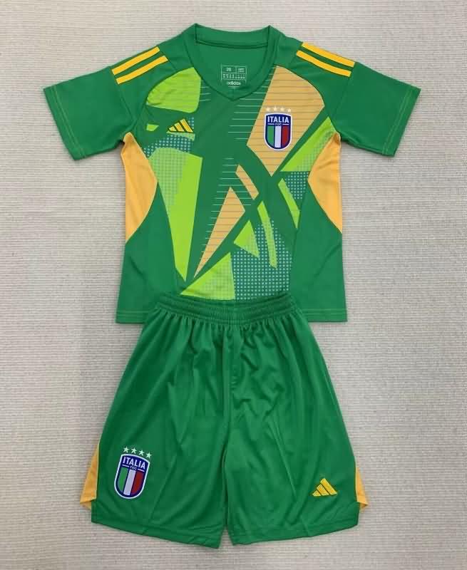 Kids Italy 2024 Goalkeeper Green Soccer Jersey And Shorts