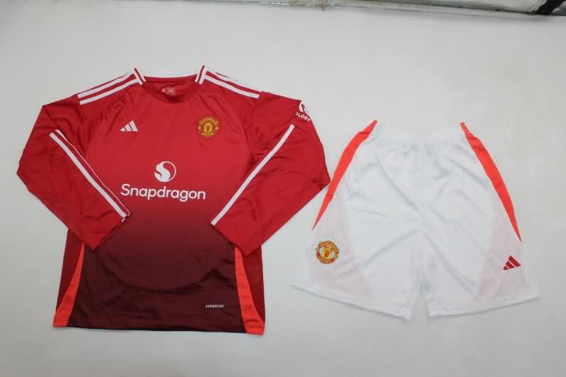 Kids Manchester United 24/25 Home Long Sleeve Soccer Jersey And Shorts