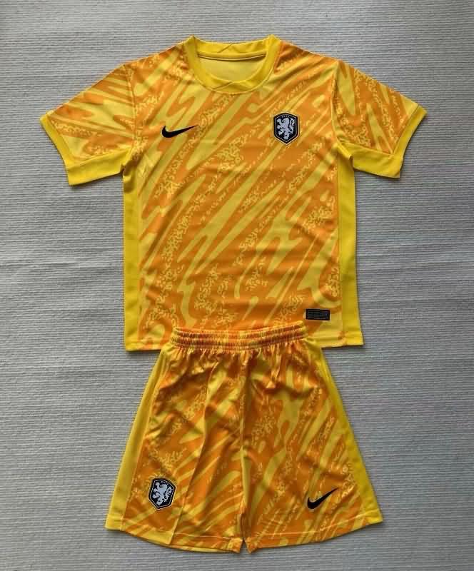 Kids Netherlands 2024 Goalkeeper Yellow Soccer Jersey And Shorts
