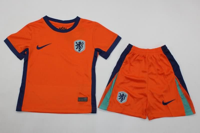 Kids Netherlands 2024 Home Soccer Jersey And Shorts