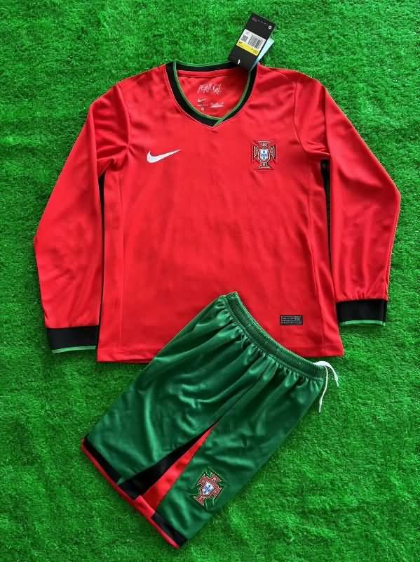 Kids Portugal 2024 Home Long Sleeve Soccer Jersey And Shorts