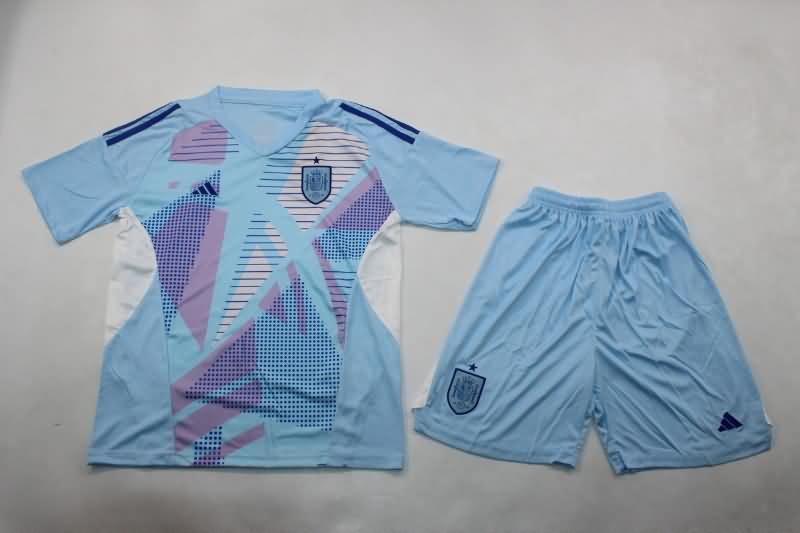 Kids Spain 2024 Goalkeeper Blue Soccer Jersey And Shorts