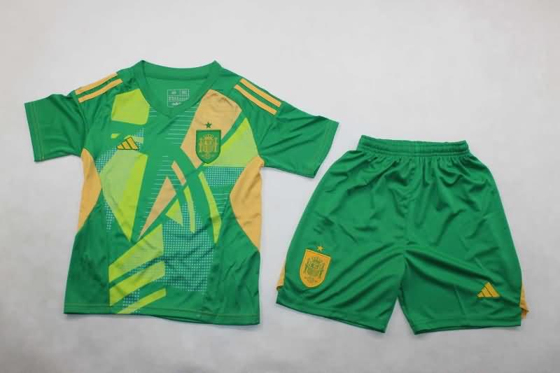 Kids Spain 2024 Goalkeeper Green Soccer Jersey And Shorts