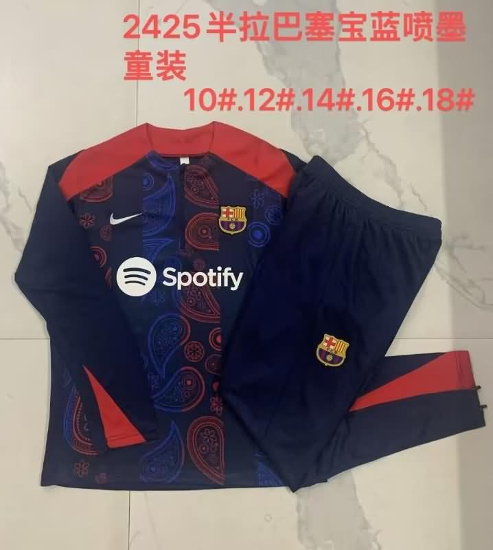 Kids AAA Quality Barcelona 24/25 Dark Blue Soccer Tracksuit 02