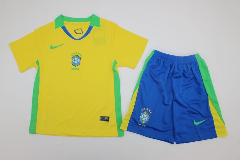 Kids Brazil 2025 Home Soccer Jersey And Shorts