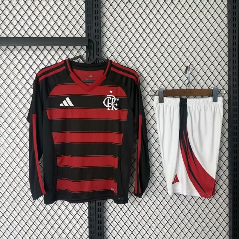 Kids Flamengo 2025 Home Long Sleeve Soccer Jersey And Shorts