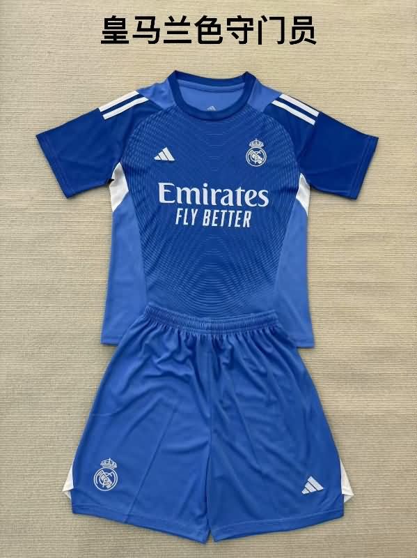 Kids Real Madrid 25/26 Goalkeeper Blue Soccer Jersey And Shorts Leaked